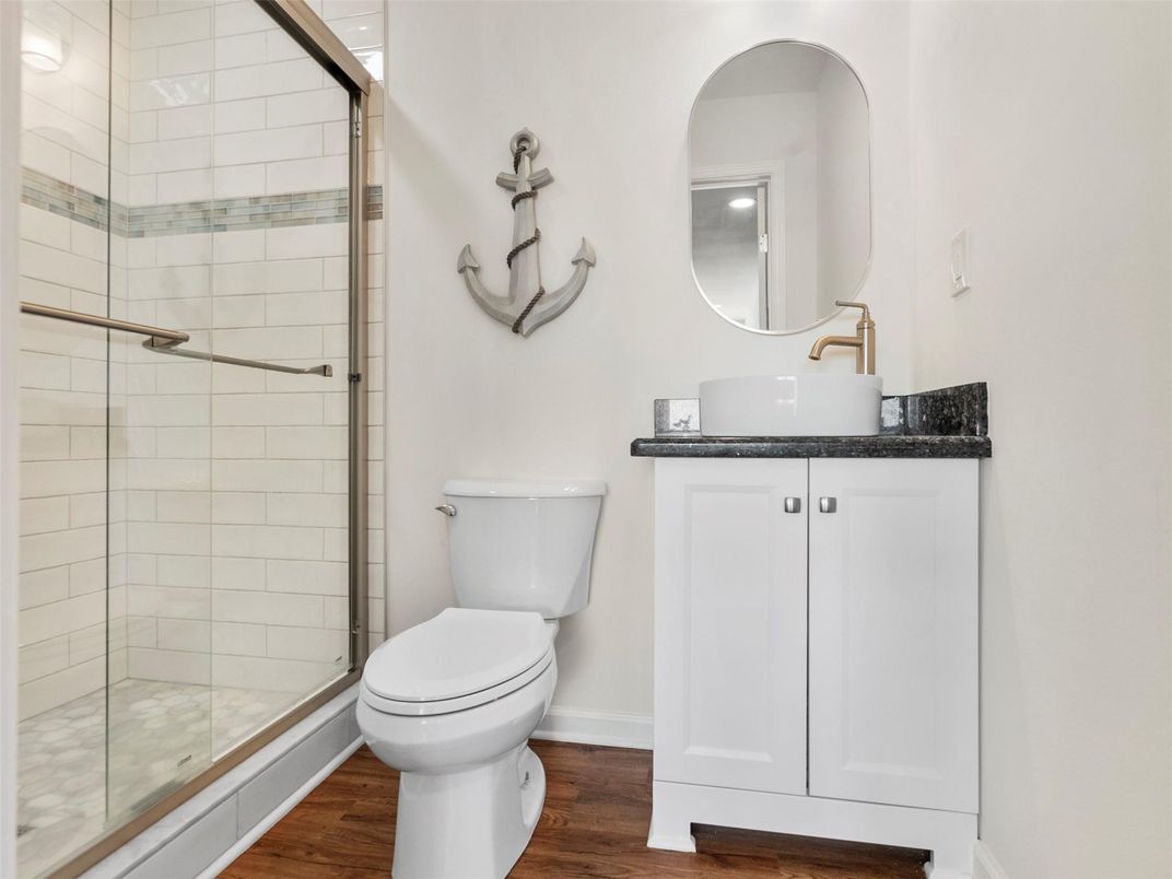 Bathroom, Glass Shower, Interior, Wood Texture Flooring