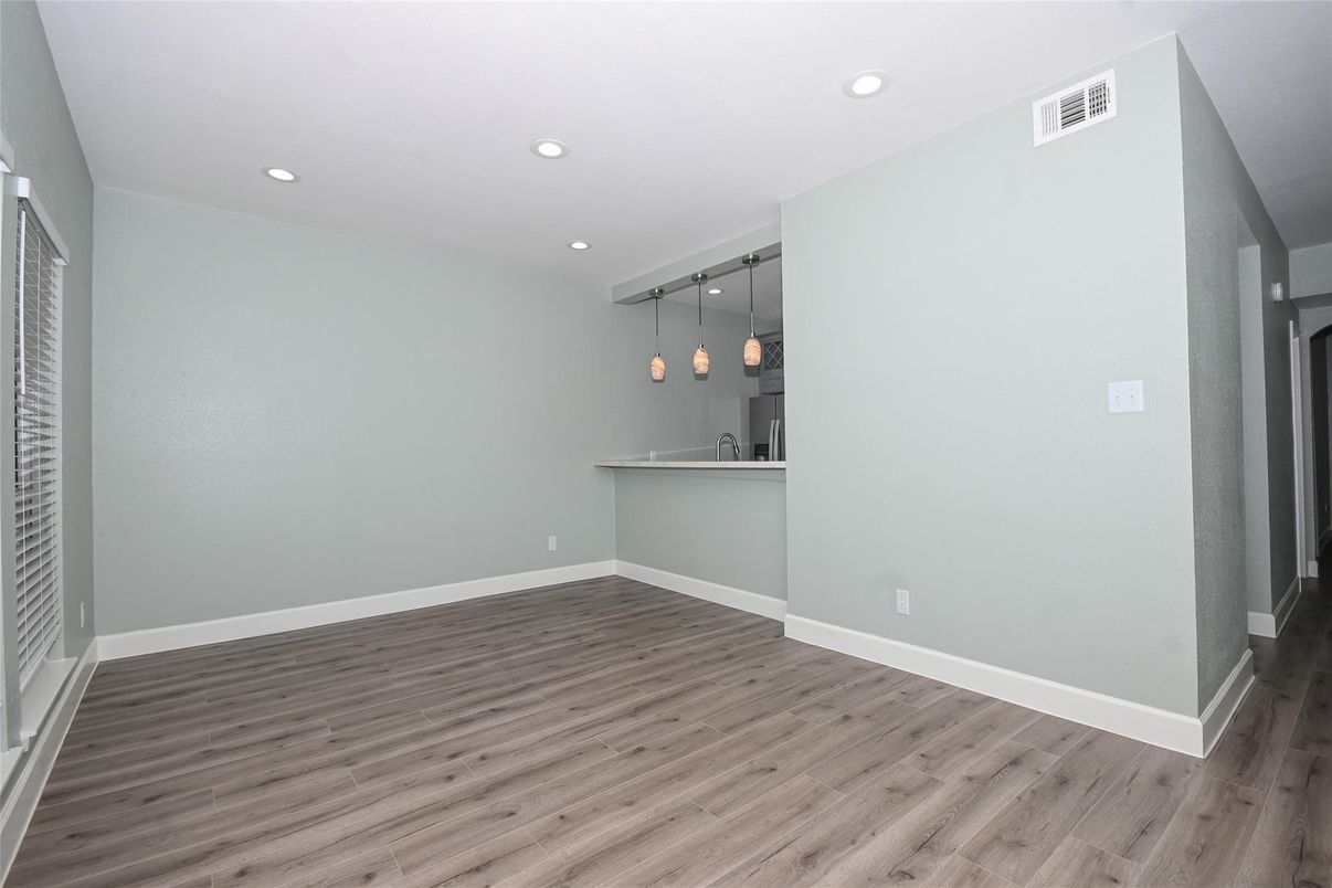 Empty room, Interior, Kitchen, Pendant Lights, Recessed Lighting, Wood Texture Flooring