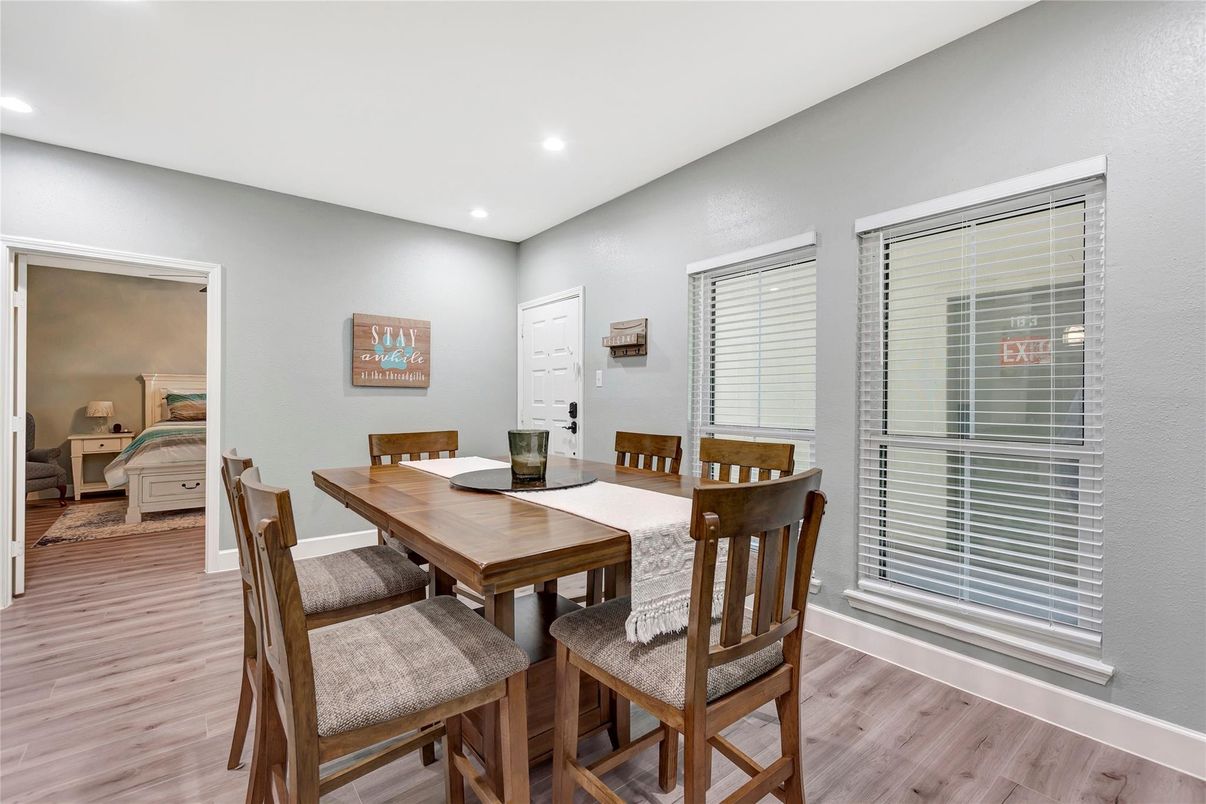 Dining room, Interior, Recessed Lighting, Wood Texture Flooring