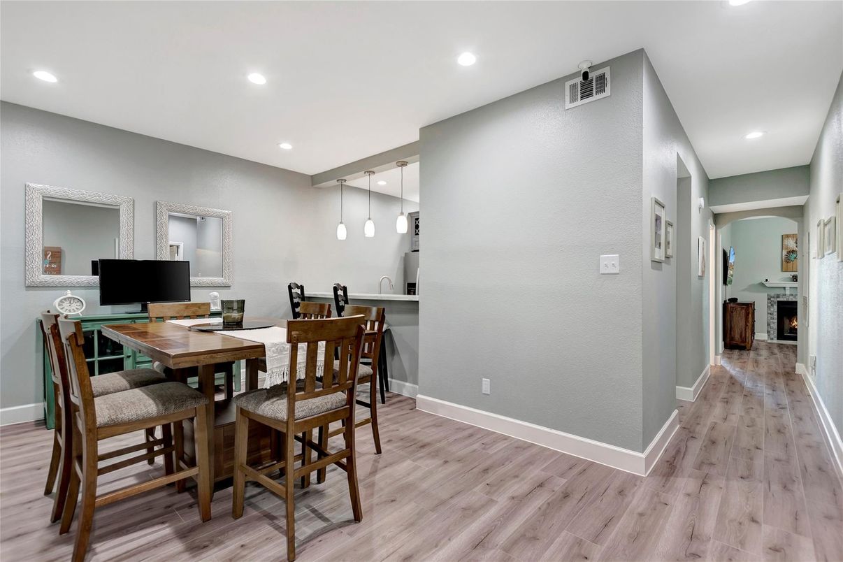 Dining room, Interior, Pendant Lights, Recessed Lighting, Wood Texture Flooring
