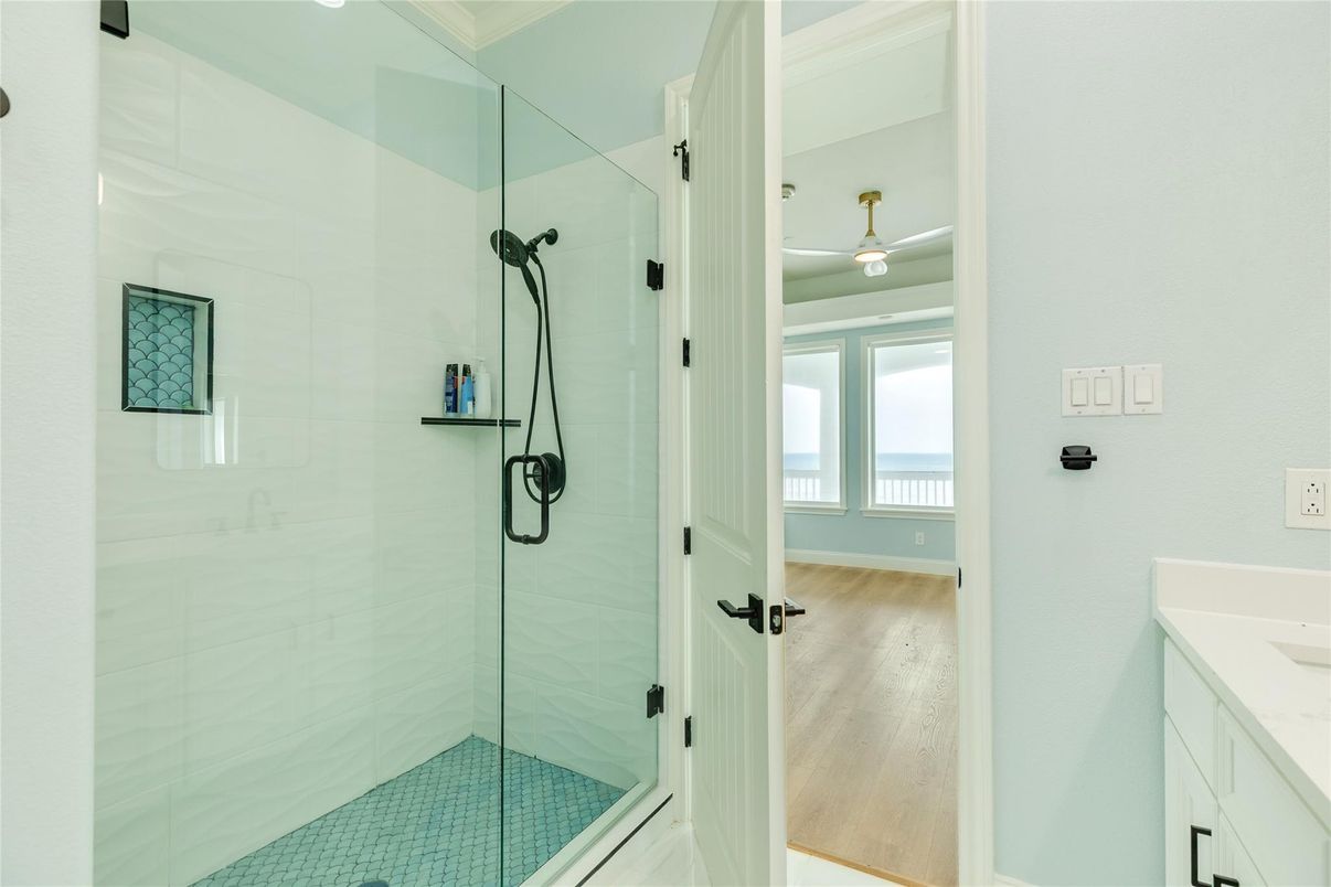 Bathroom, Glass Shower, Interior, Wood Texture Flooring