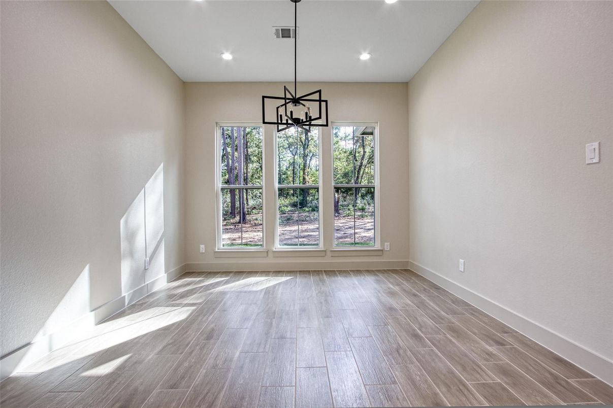 Empty room, Interior, Pendant Lights, Recessed Lighting, Wood Texture Flooring