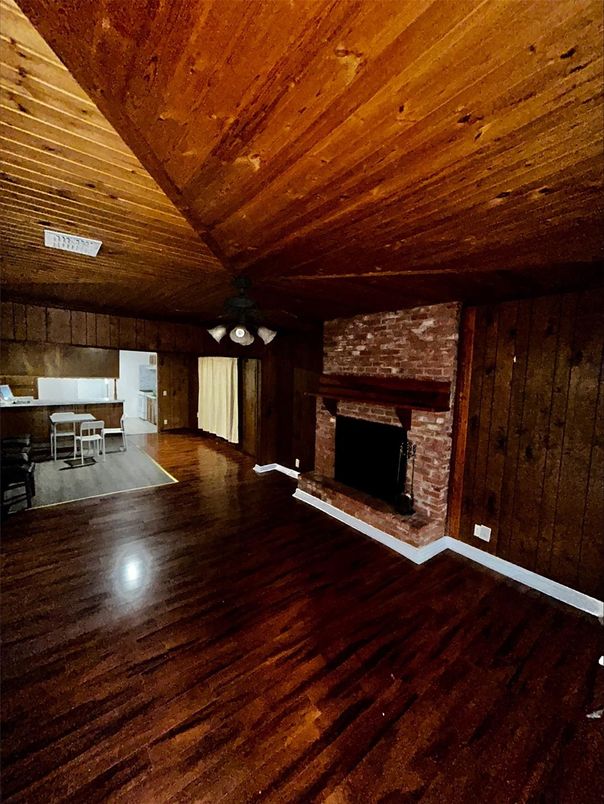 Fireplace, Interior, Stone Walls, Wooden Ceilings, Wood Texture Flooring, Wooden Walls