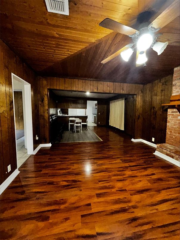 Empty room, Fireplace, Interior, Wooden Ceilings, Wood Texture Flooring, Wooden Walls