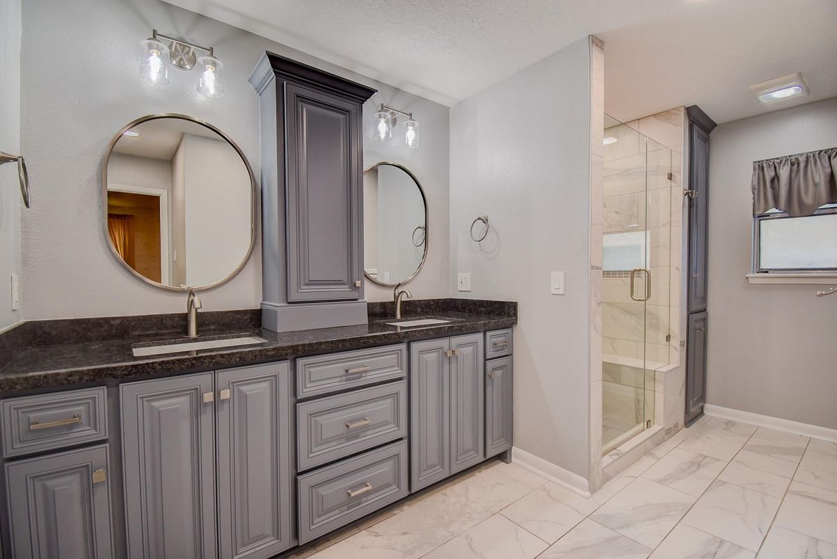 Bathroom, Dual Sink Vanities, Glass Shower, Interior, Marble, Recessed Lighting