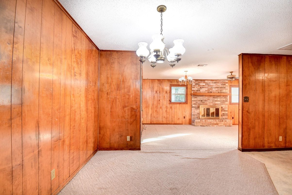 Chandelier, Empty room, Fireplace, Interior, Wooden Walls