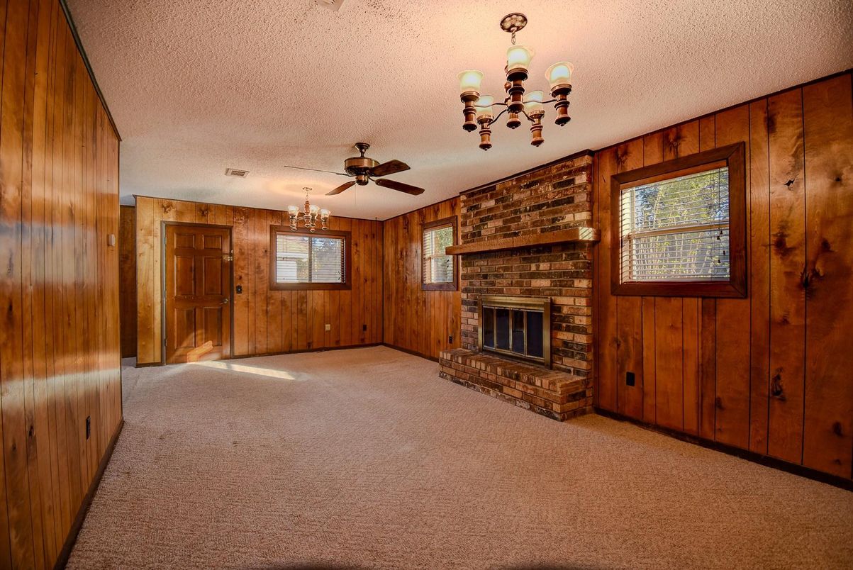 Chandelier, Empty room, Fireplace, Interior, Stone Walls, Wooden Walls