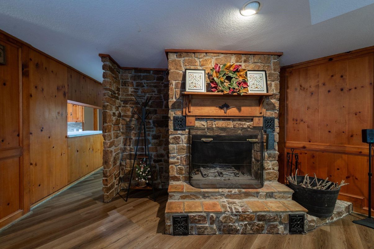 Fireplace, Interior, Stone Walls, Wood Texture Flooring, Wooden Walls