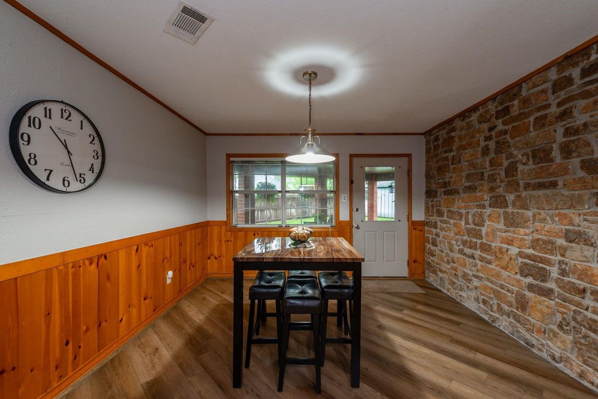 Dining room, Interior, Pendant Lights, Stone Walls, Wood Texture Flooring