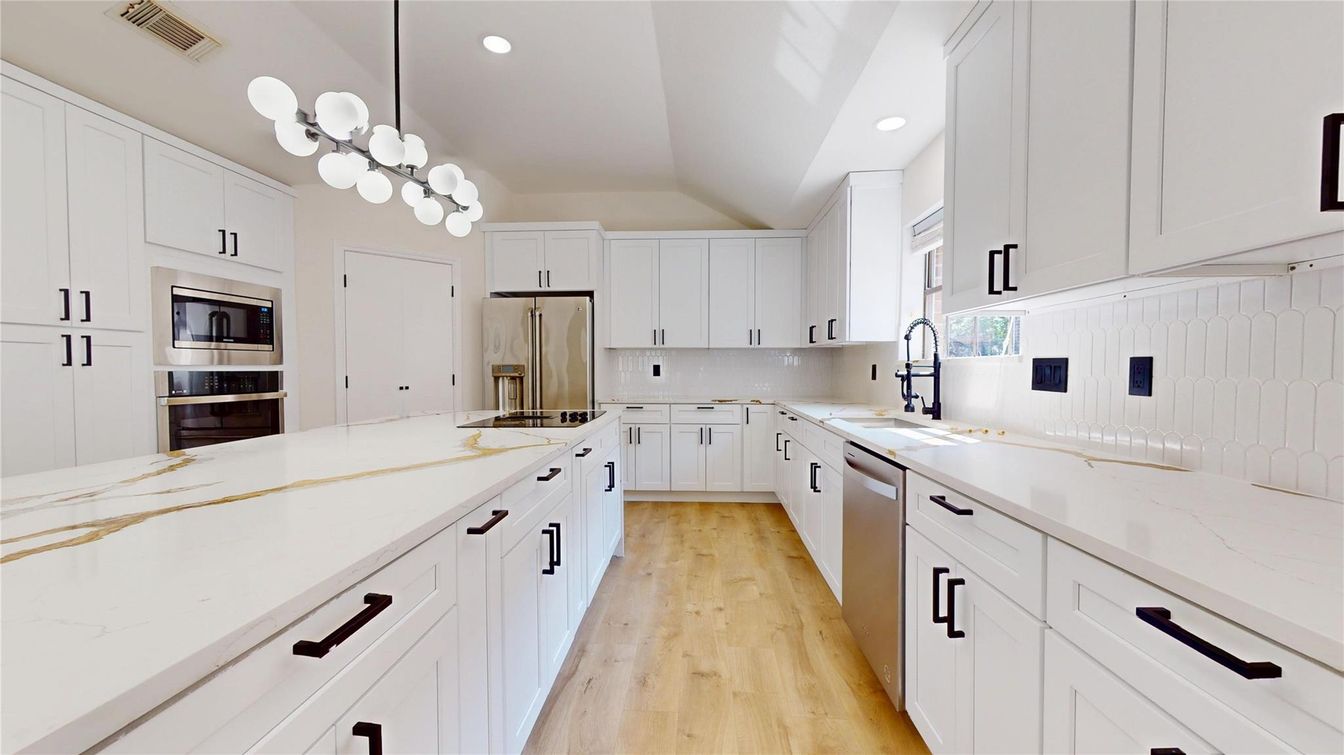 Interior, Kitchen, Recessed Lighting, Stainless Steel Appliances, Wood Texture Flooring