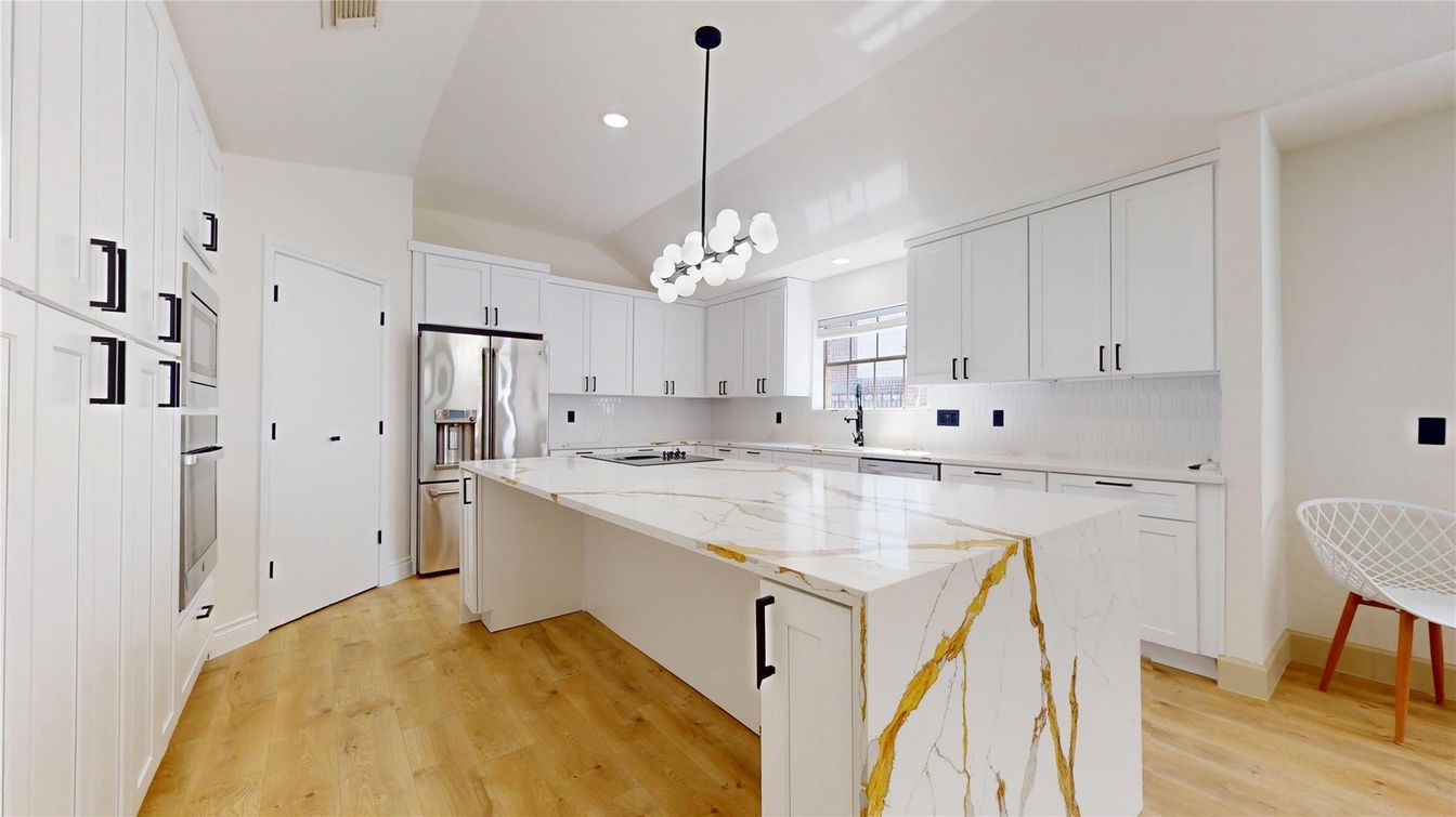 Chandelier, Interior, Kitchen, Pendant Lights, Recessed Lighting, Stainless Steel Appliances, Wood Texture Flooring