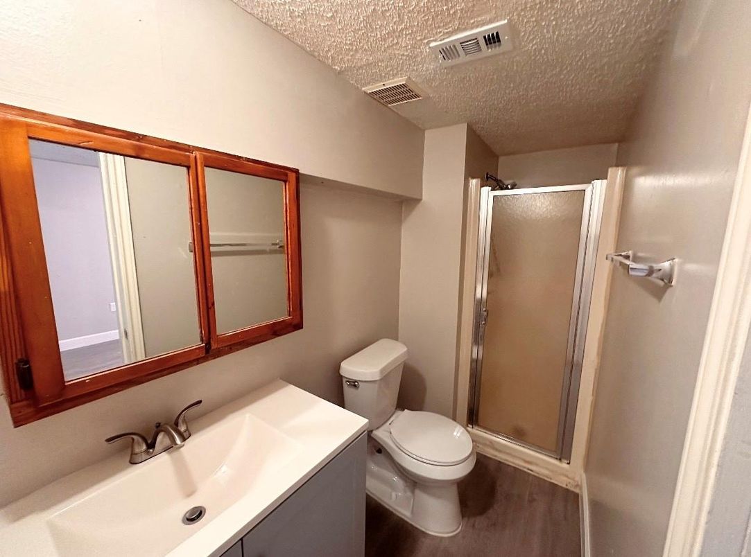 Bathroom, Glass Shower, Interior, Wood Texture Flooring