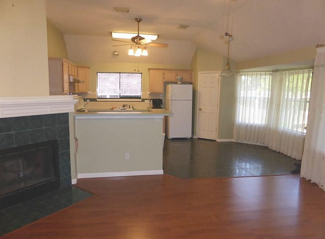 Fireplace, Interior, Kitchen, Pendant Lights, Wood Texture Flooring