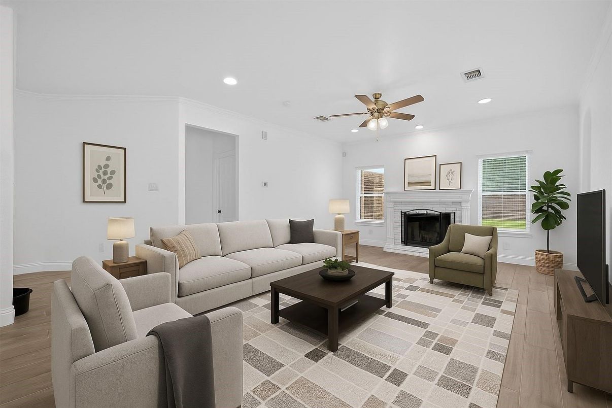 Fireplace, Interior, Living room, Recessed Lighting, Wood Texture Flooring