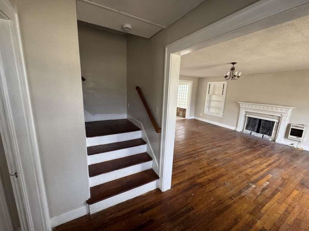 Chandelier, Empty room, Fireplace, Interior, Wood Texture Flooring
