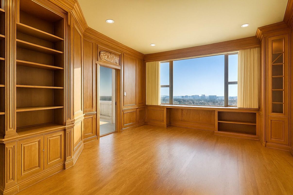 Empty room, Interior, Recessed Lighting, Wood Texture Flooring, Wooden Walls