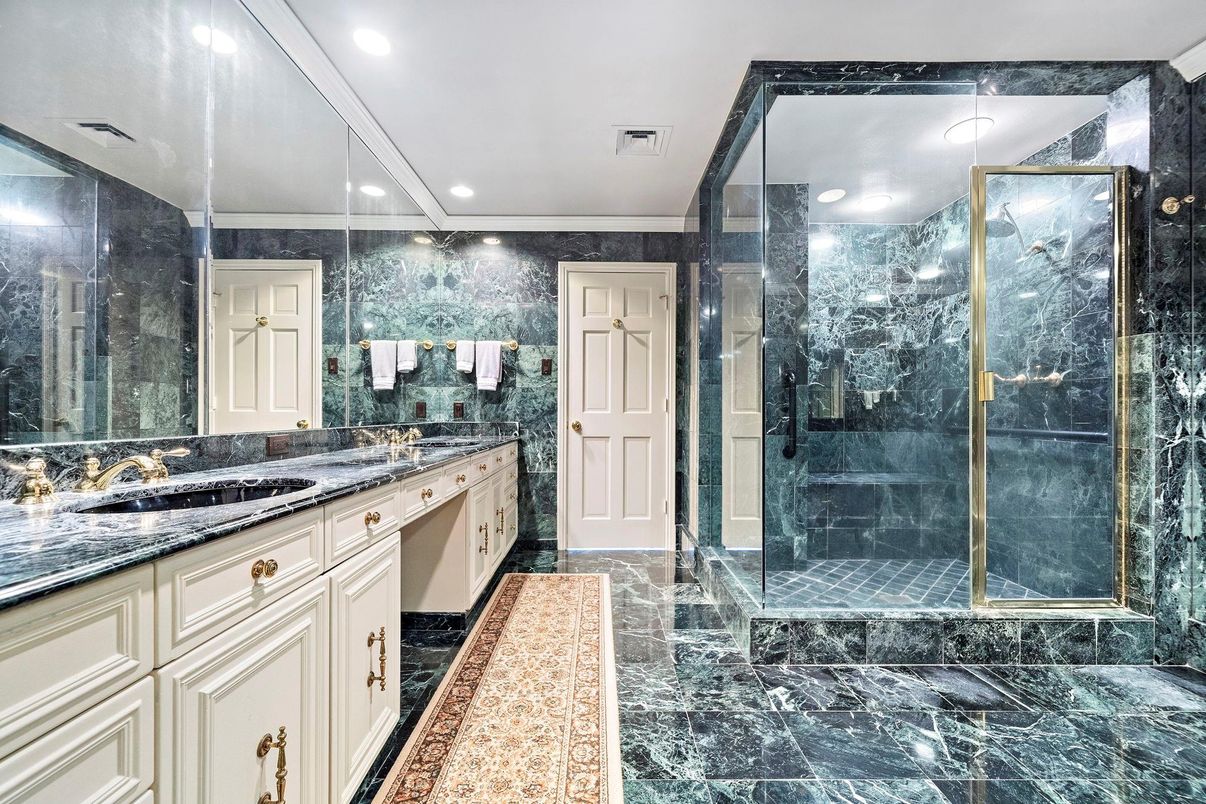 Bathroom, Dual Sink Vanities, Glass Shower, Interior, Marble, Recessed Lighting