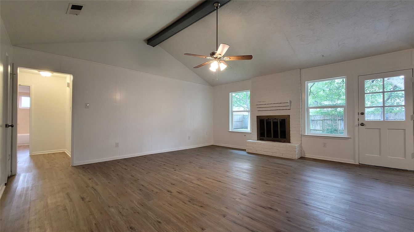Empty room, Fireplace, Interior, Wooden Beams, Wood Texture Flooring