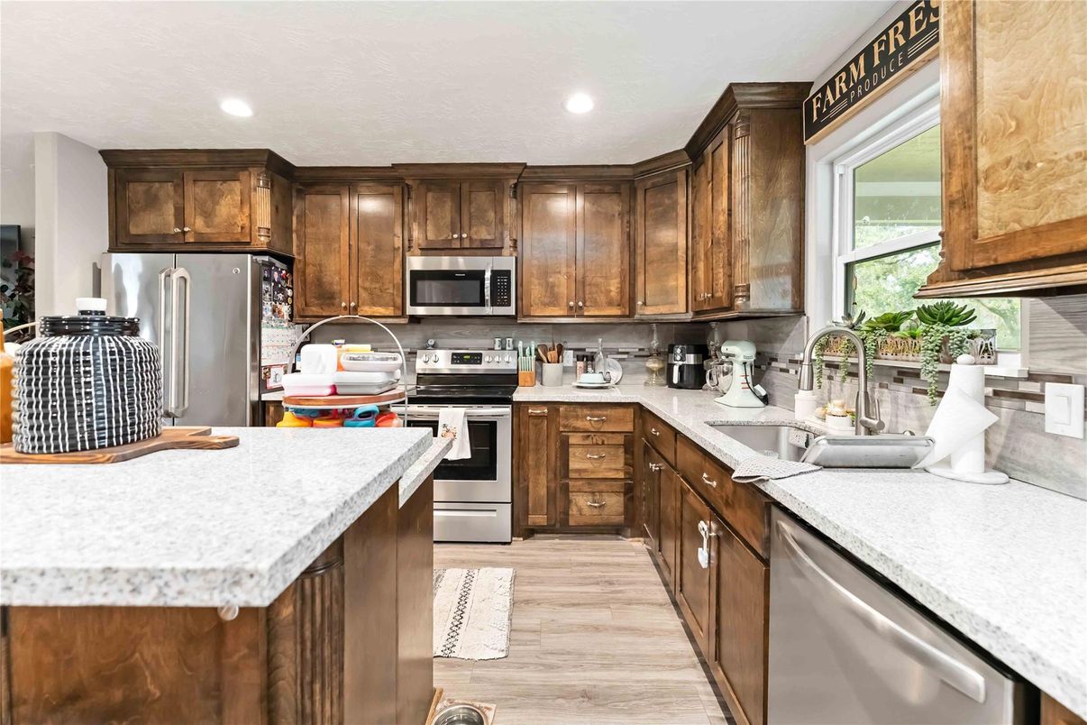 Interior, Kitchen, Recessed Lighting, Stainless Steel Appliances, Wood Texture Flooring