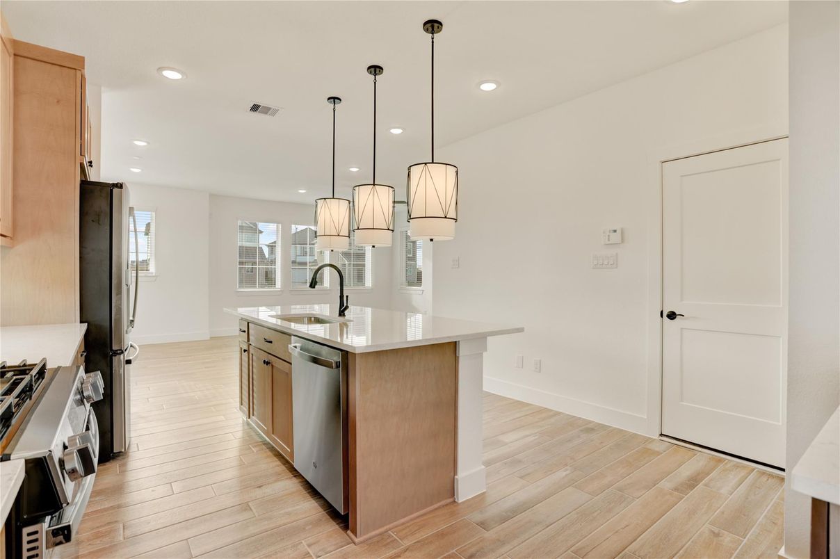 Interior, Kitchen, Pendant Lights, Recessed Lighting, Stainless Steel Appliances, Wood Texture Flooring