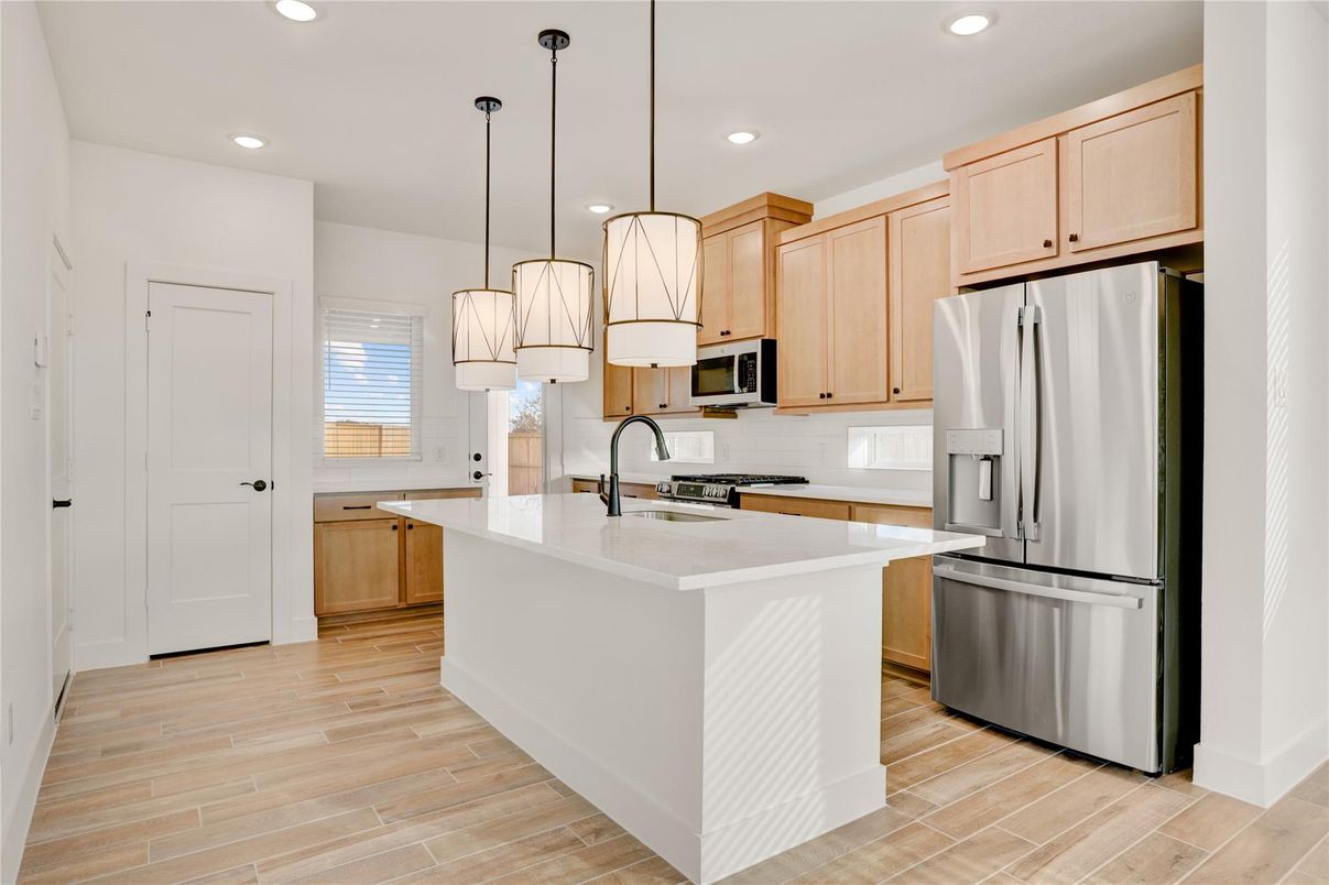 Interior, Kitchen, Pendant Lights, Recessed Lighting, Stainless Steel Appliances, Wood Texture Flooring