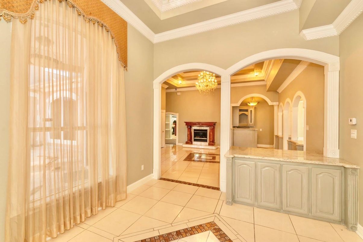 Chandelier, Fireplace, Interior