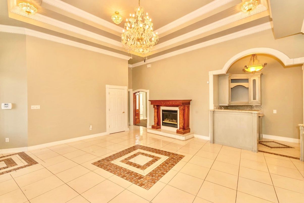 Chandelier, Fireplace, Interior