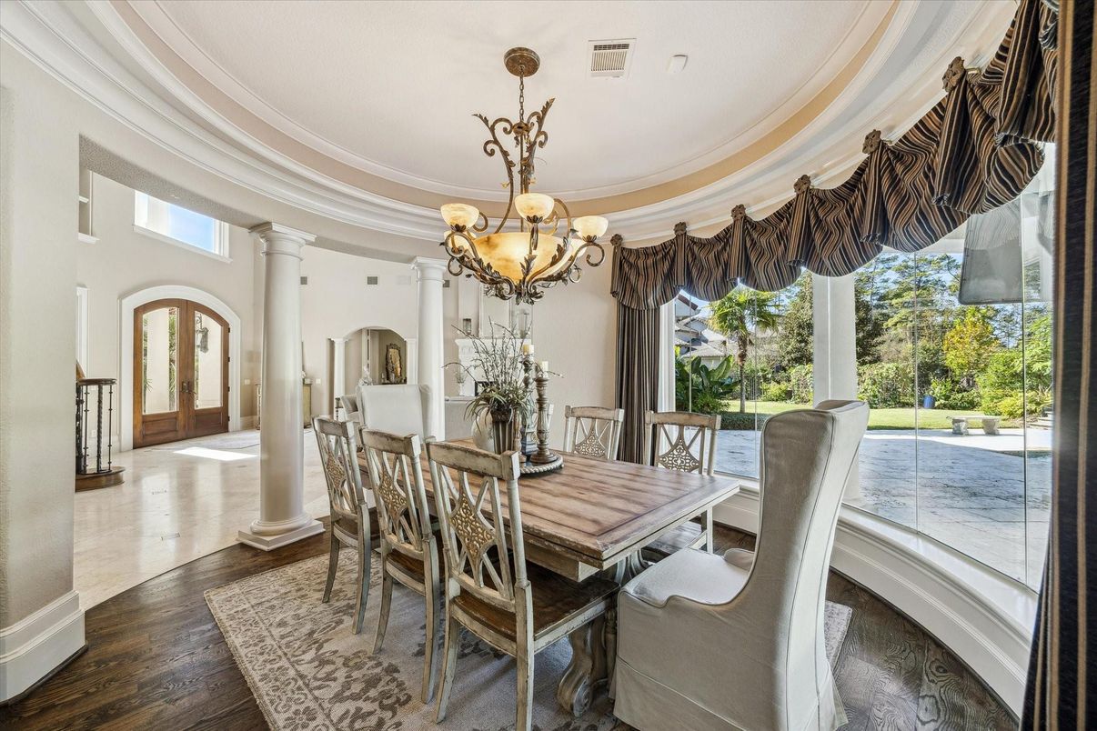 Chandelier, Dining room, Interior, Wood Texture Flooring