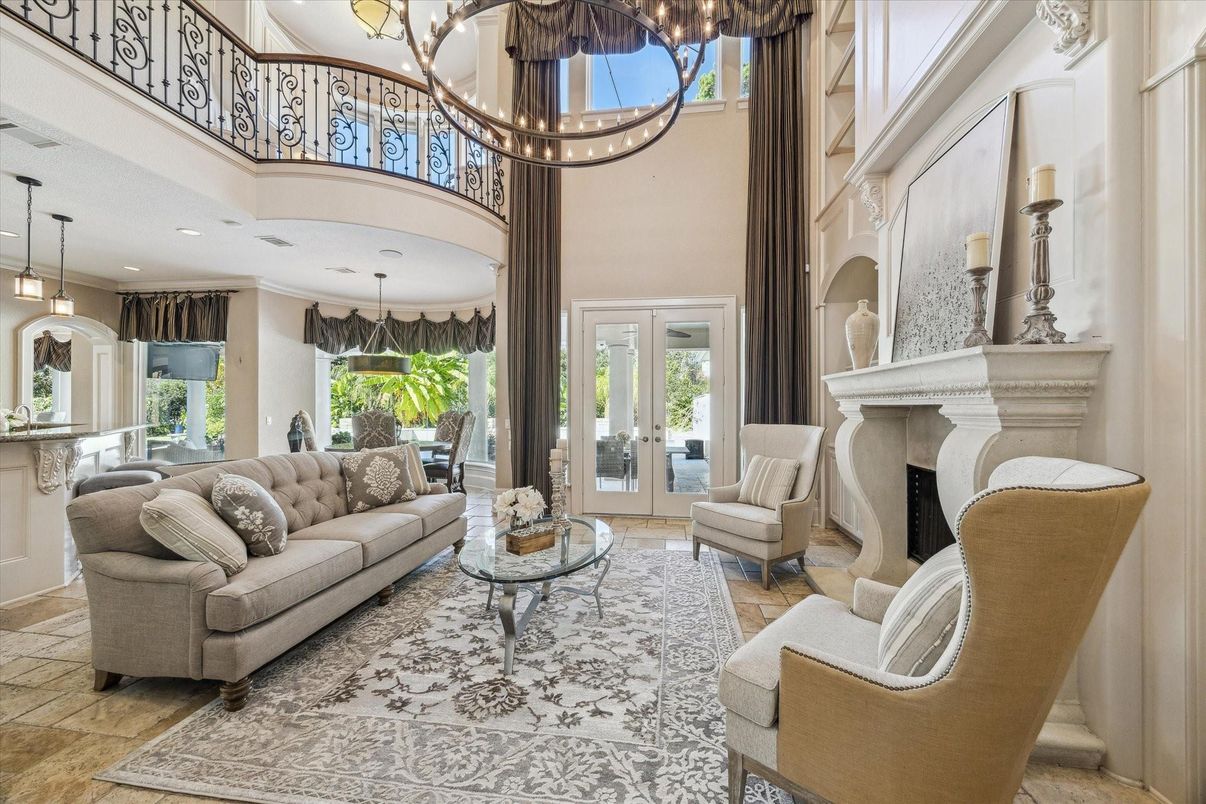 Chandelier, Dining room, Fireplace, Interior, Living room, Pendant Lights, Recessed Lighting