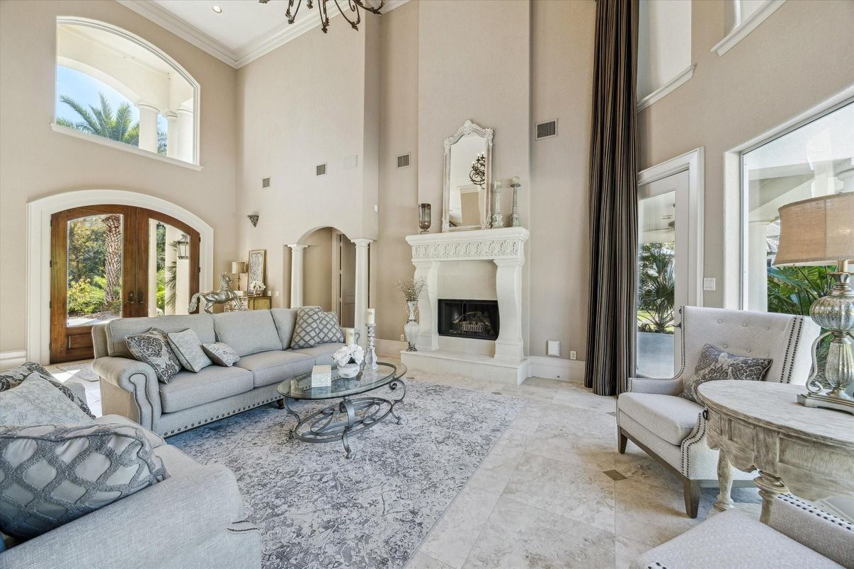 Chandelier, Fireplace, Interior, Living room, Recessed Lighting