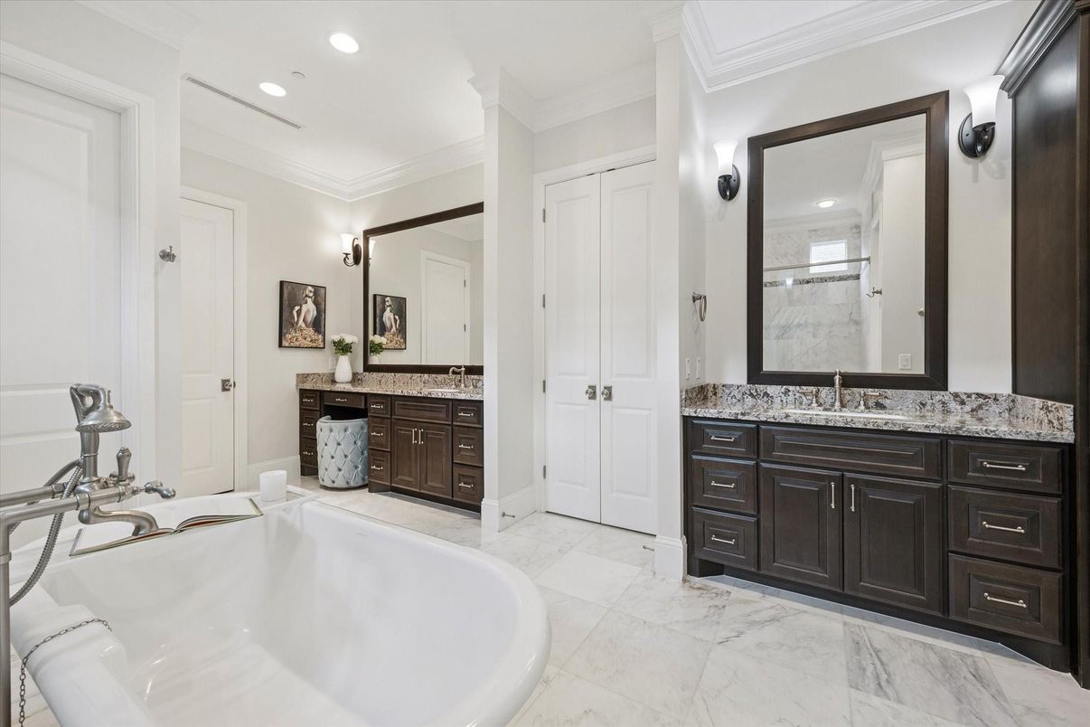 Bathroom, Dual Sink Vanities, Free Standing Baths, Interior, Marble, Recessed Lighting