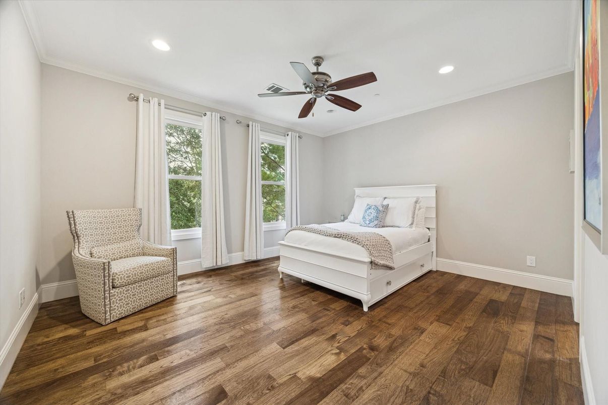 Bedroom, Interior, Recessed Lighting, Wood Texture Flooring