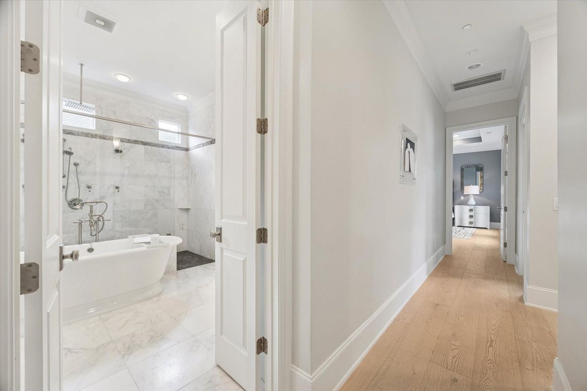 Bathroom, Free Standing Baths, Glass Shower, Interior, Marble, Recessed Lighting