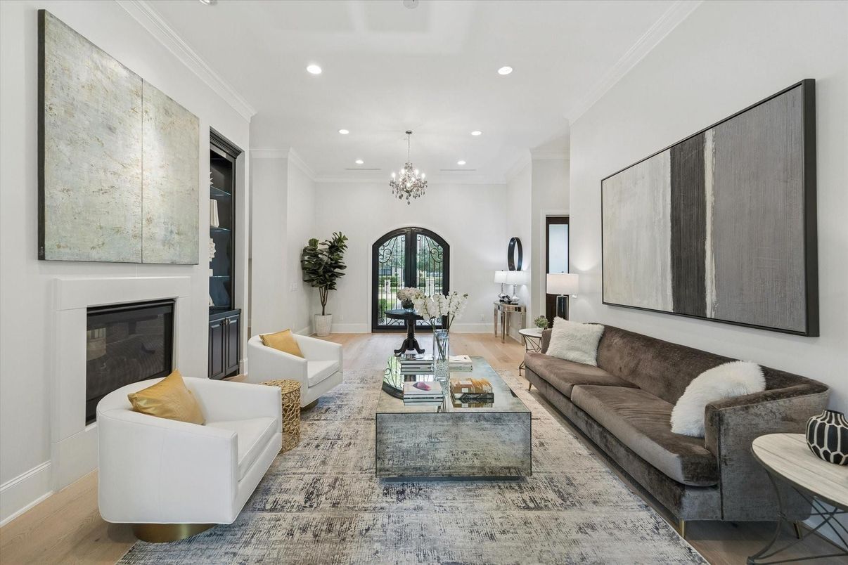 Chandelier, Fireplace, Interior, Living room, Recessed Lighting, Wood Texture Flooring