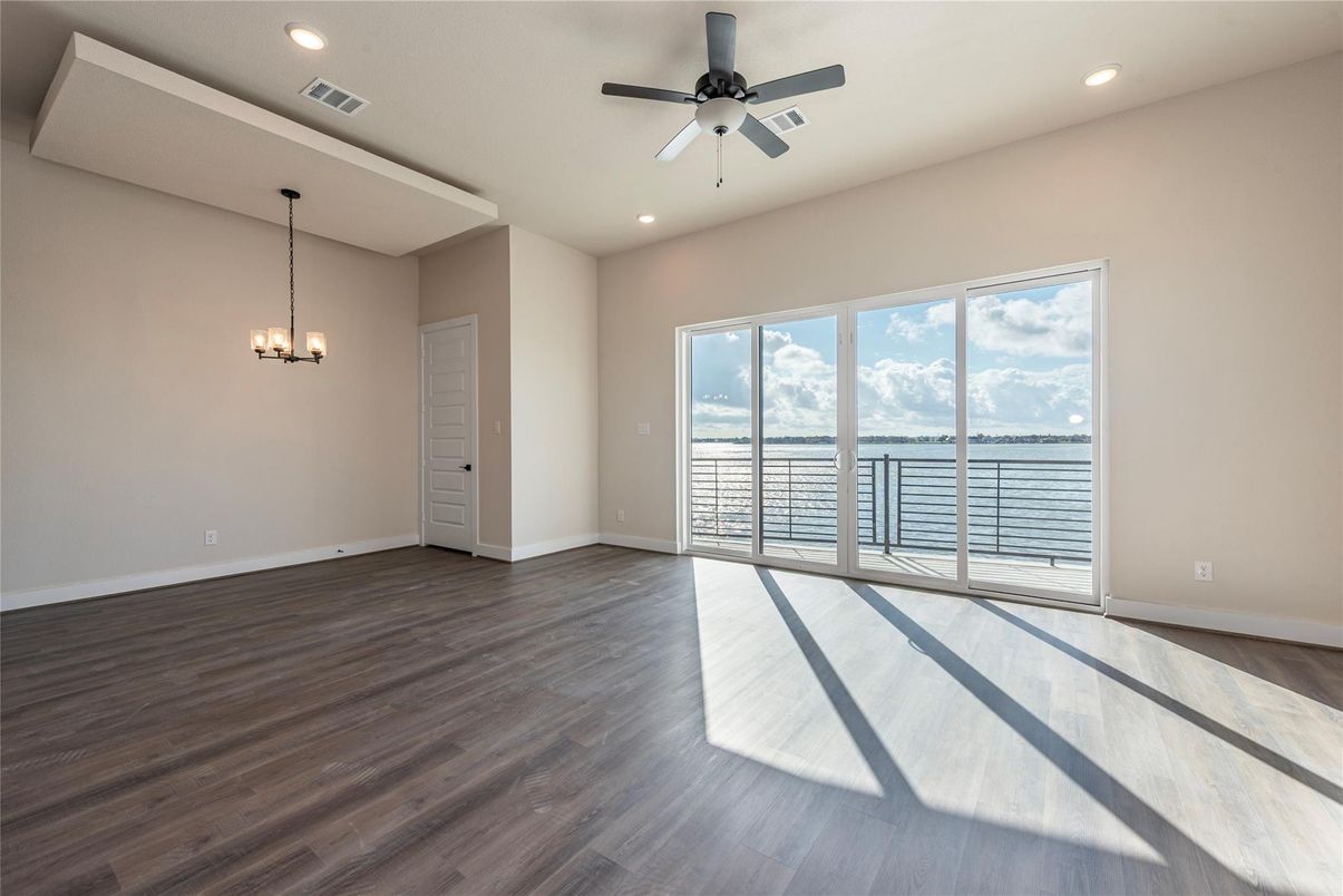 Chandelier, Empty room, Interior, Recessed Lighting, Water, Wood Texture Flooring