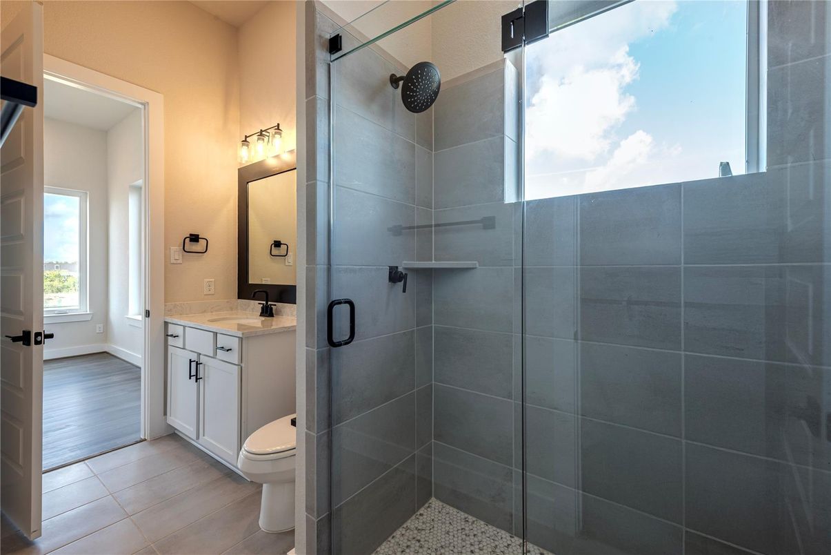 Bathroom, Glass Shower, Interior, Wood Texture Flooring