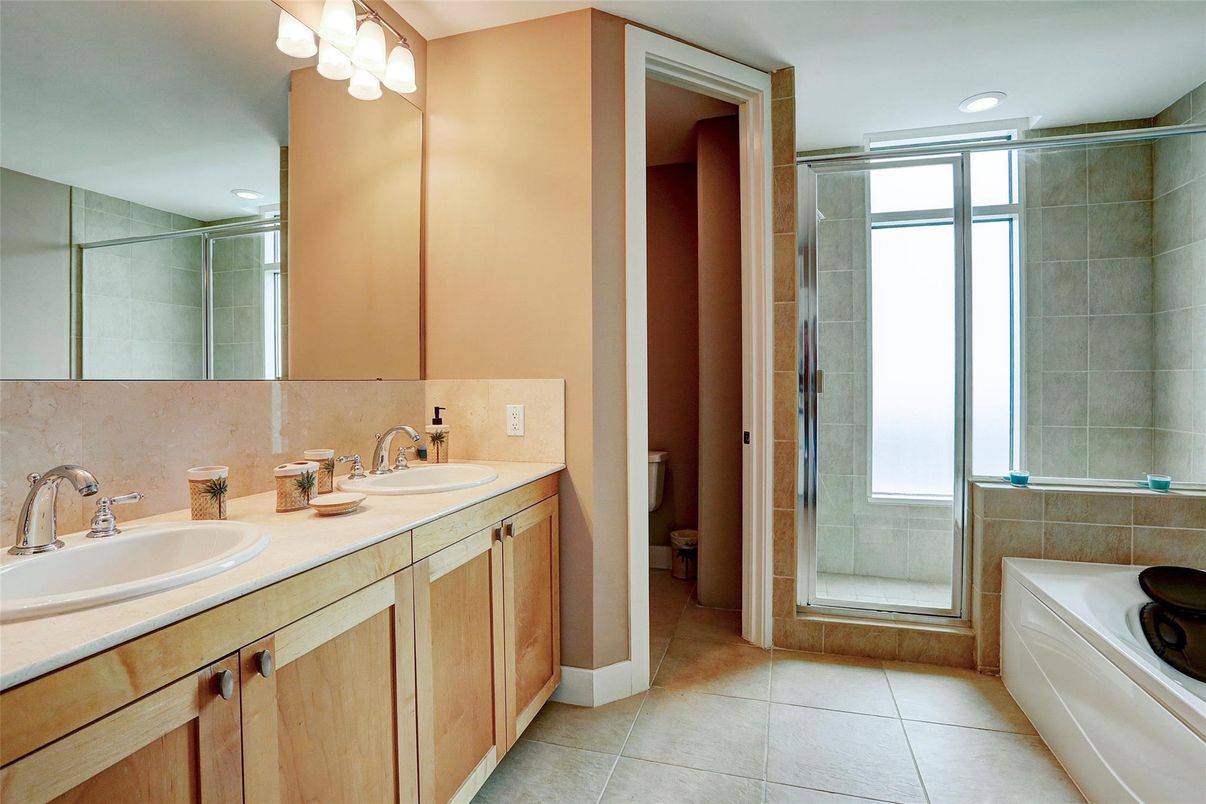 Bathroom, Dual Sink Vanities, Glass Shower, Interior, Recessed Lighting