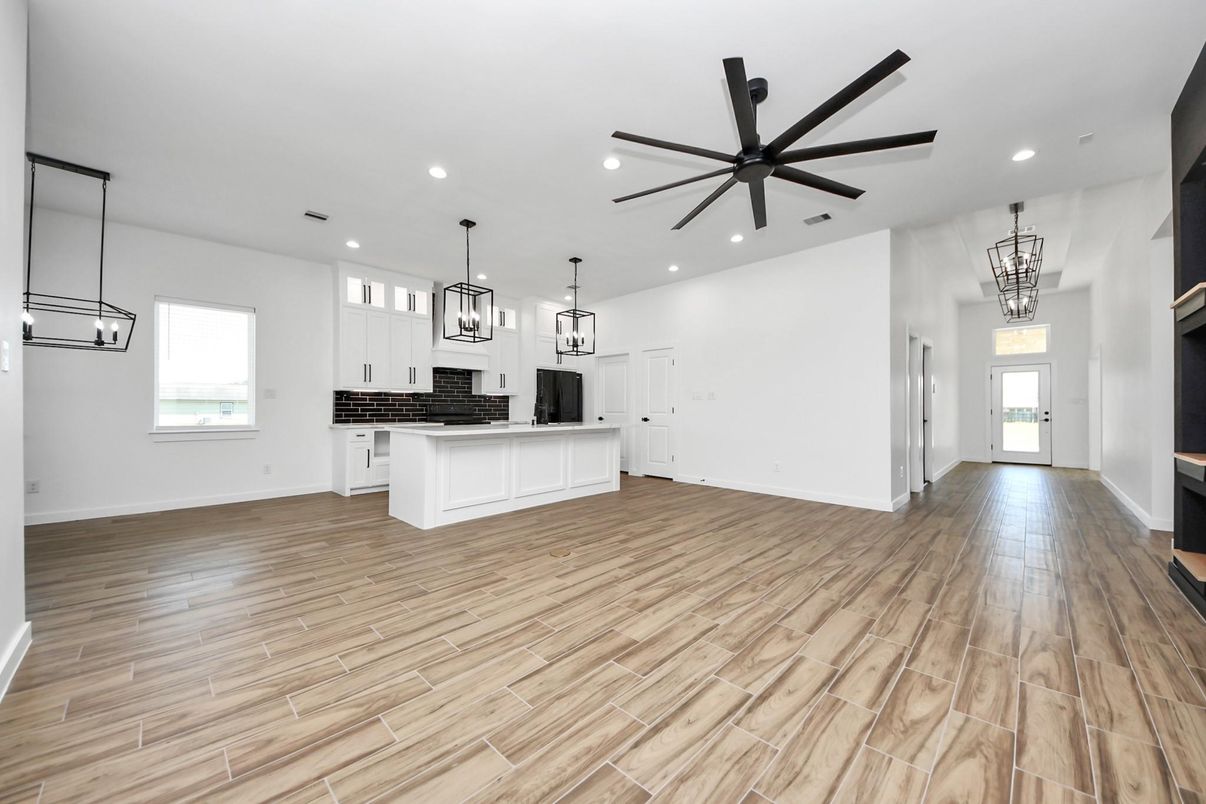 Empty room, Interior, Kitchen, Pendant Lights, Recessed Lighting, Wood Texture Flooring