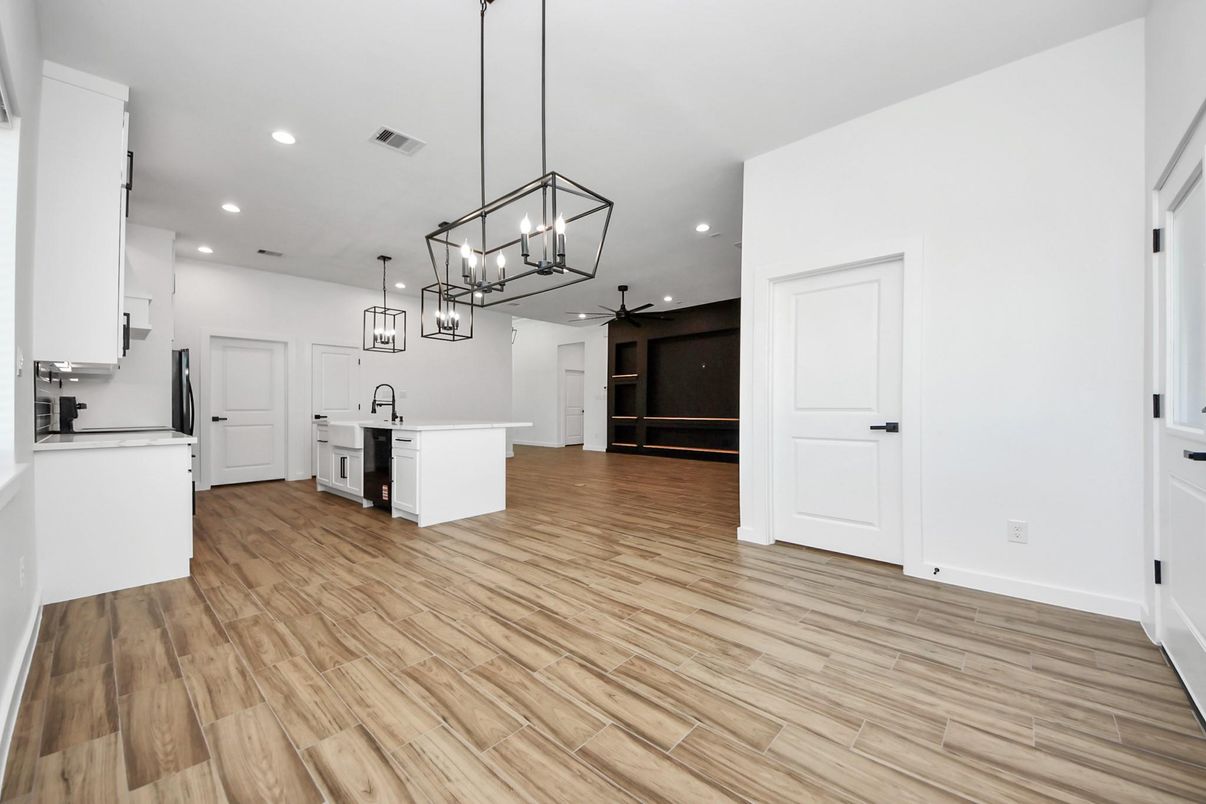Interior, Kitchen, Pendant Lights, Recessed Lighting, Wood Texture Flooring