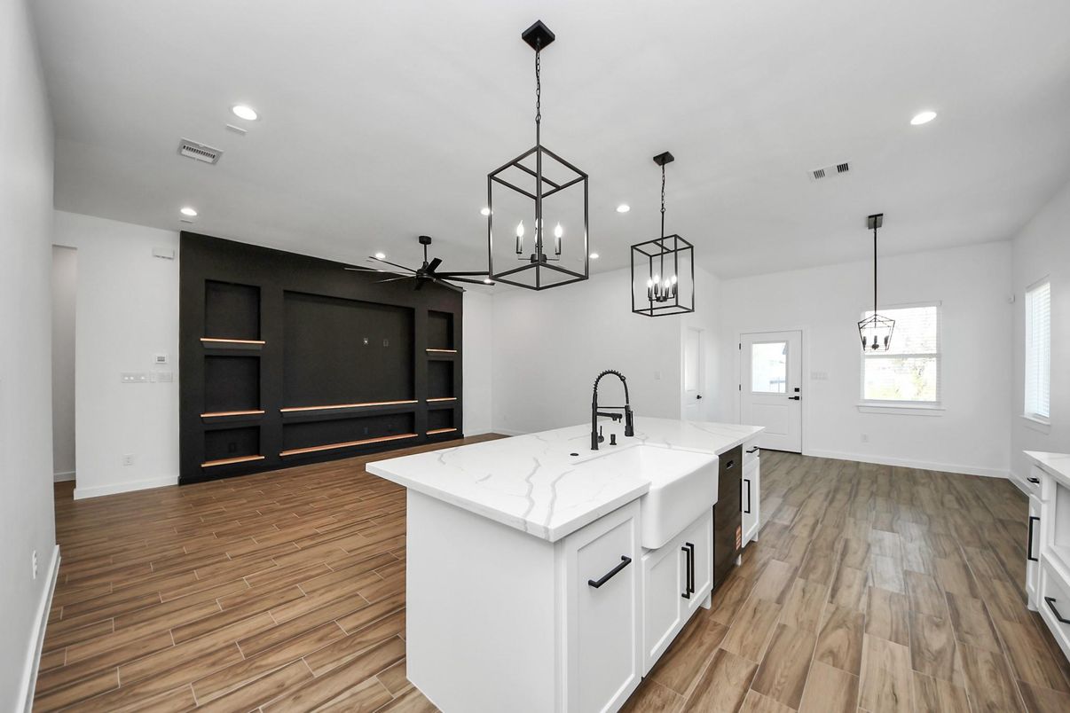 Interior, Kitchen, Pendant Lights, Recessed Lighting, Wood Texture Flooring