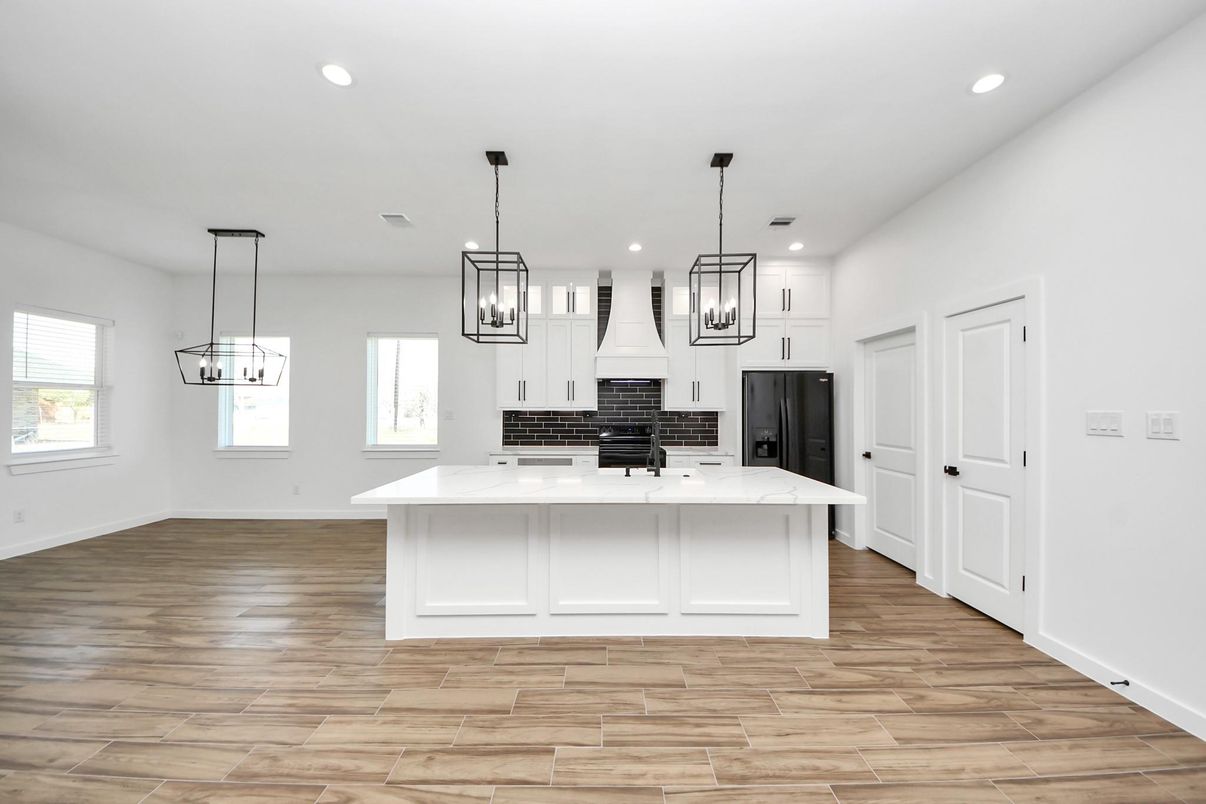 Interior, Kitchen, Pendant Lights, Recessed Lighting, Wood Texture Flooring