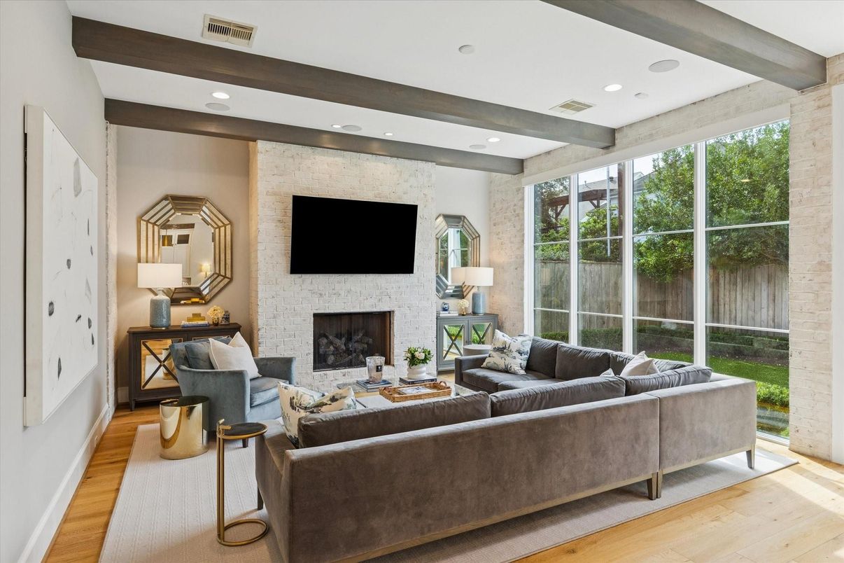 Fireplace, Interior, Living room, Recessed Lighting, Stone Walls, Wooden Beams, Wood Texture Flooring