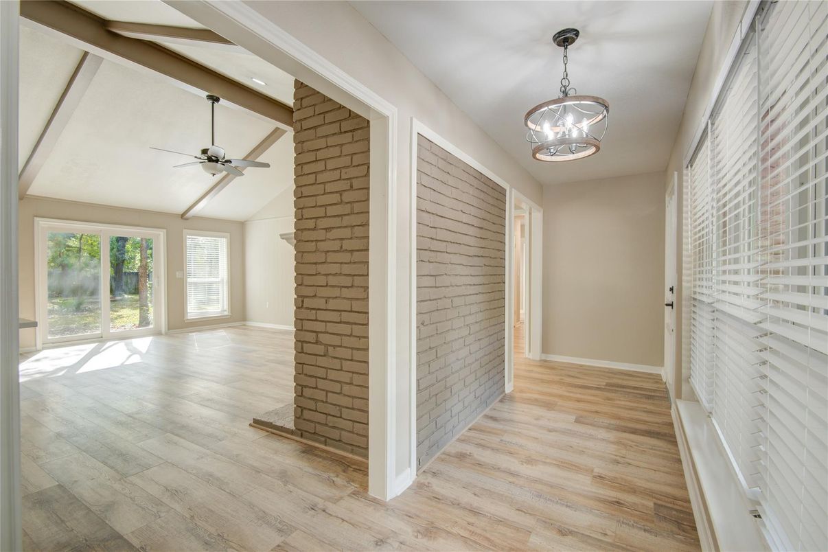 Empty room, Interior, Pendant Lights, Stone Walls, Wood Texture Flooring
