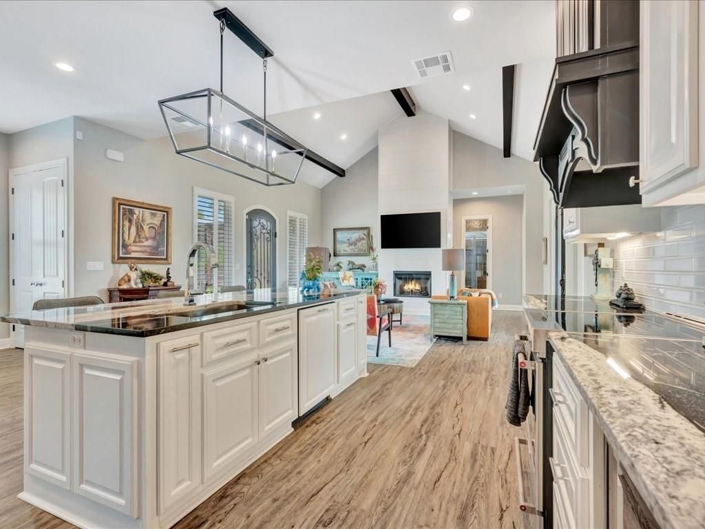 Fireplace, Interior, Kitchen, Living room, Pendant Lights, Recessed Lighting, Wood Texture Flooring