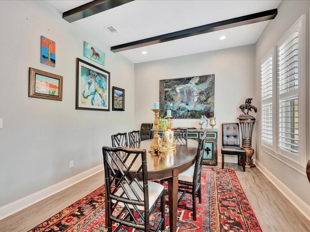Dining room, Interior, Recessed Lighting, Wooden Beams, Wood Texture Flooring
