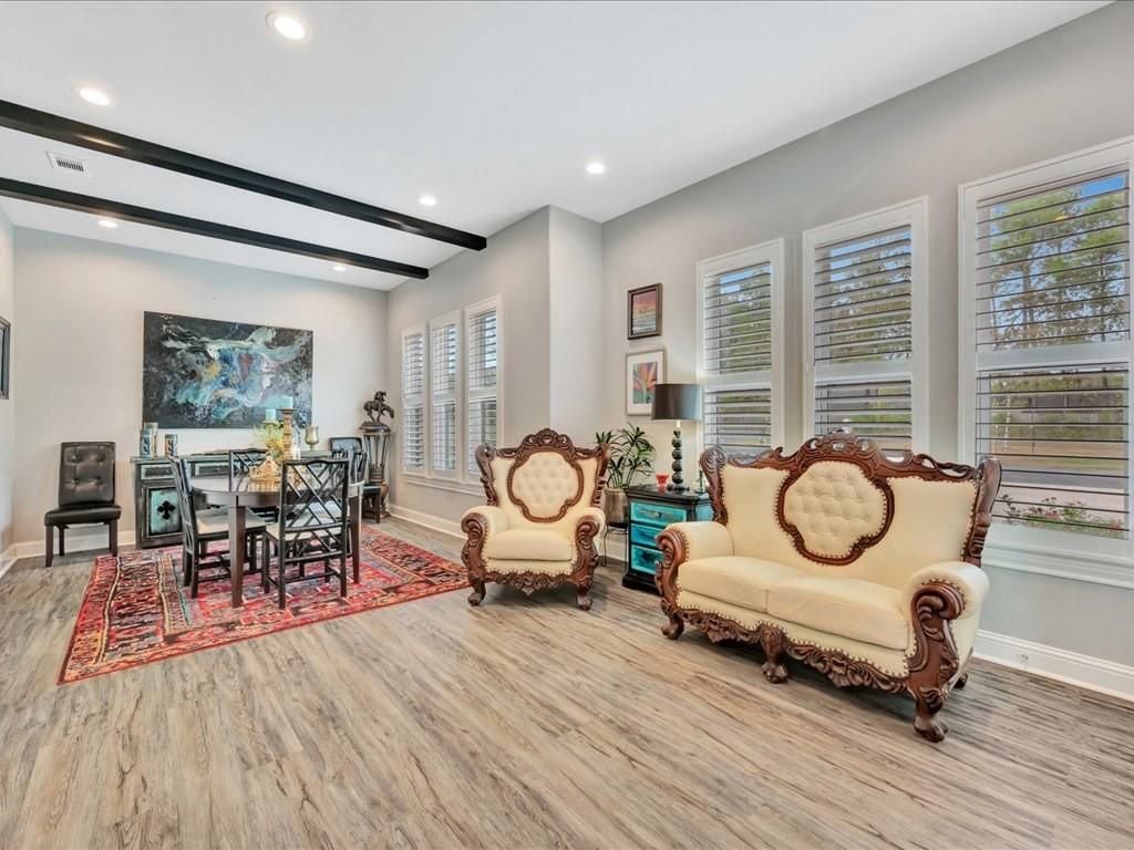 Dining room, Interior, Living room, Recessed Lighting, Wooden Beams, Wood Texture Flooring