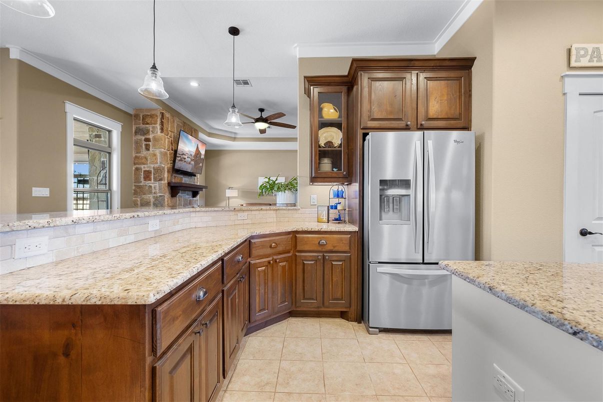 Interior, Kitchen, Pendant Lights, Recessed Lighting, Stainless Steel Appliances, Stone Walls