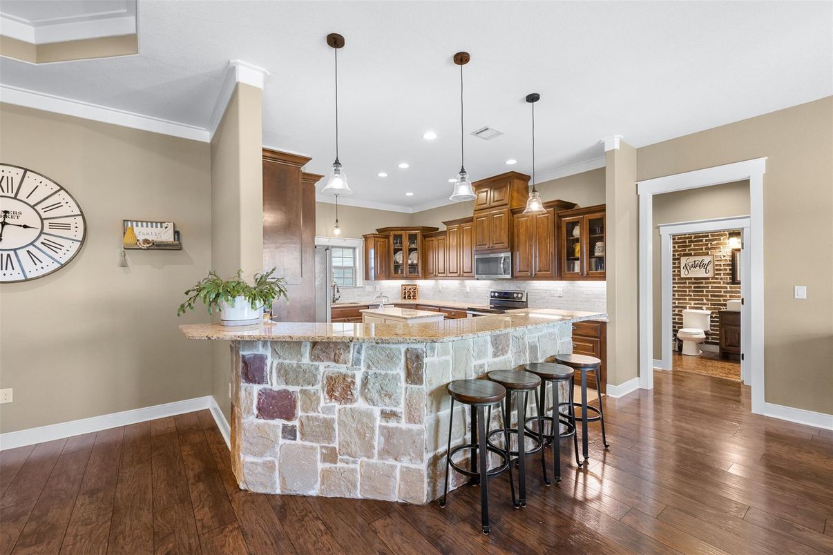 Interior, Kitchen, Pendant Lights, Recessed Lighting, Stainless Steel Appliances, Wood Texture Flooring