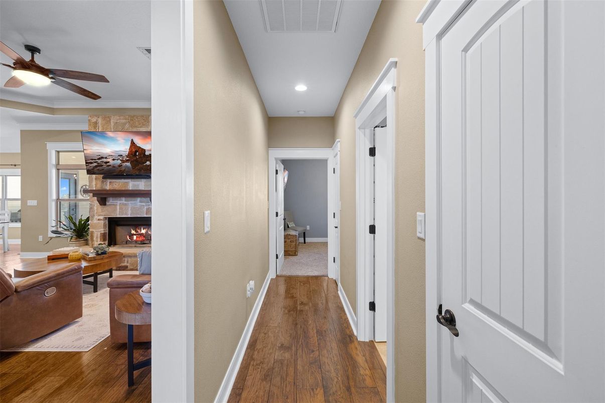 Fireplace, Interior, Recessed Lighting, Wood Texture Flooring