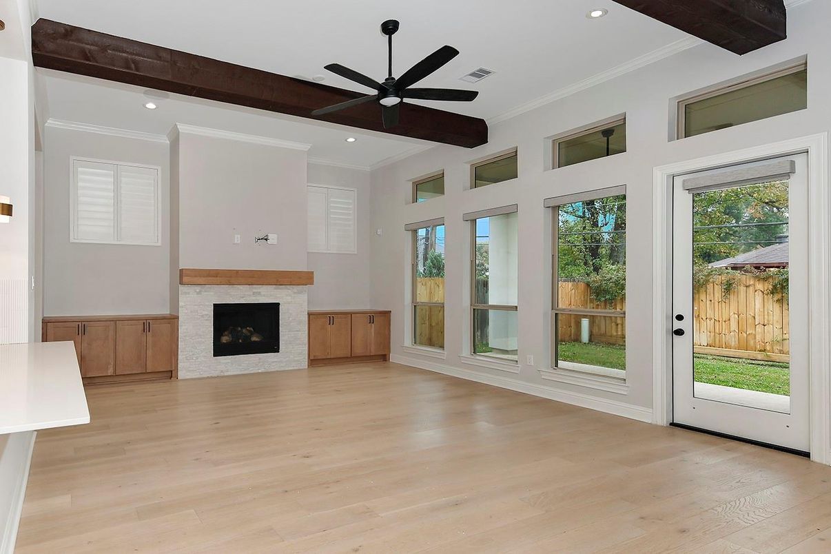 Empty room, Fireplace, Interior, Recessed Lighting, Wooden Beams, Wood Texture Flooring